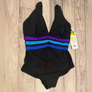 Longitude Women's One-Piece Swimsuit Size 24W Black with Blue & Purple Stripes